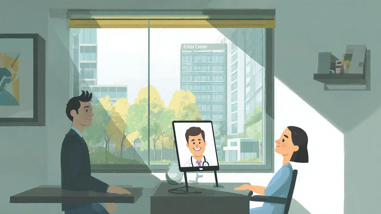 Pacient na videohovoru s psychiatrem, za ním moderní krizové centrum.