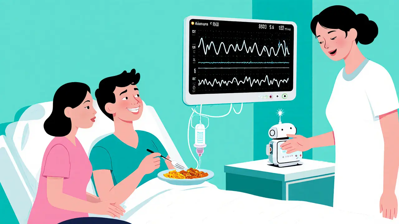 Pozitivní obraz pacienta s rodinou, jídlem a moderním monitorem sledujícím elektrolyty.