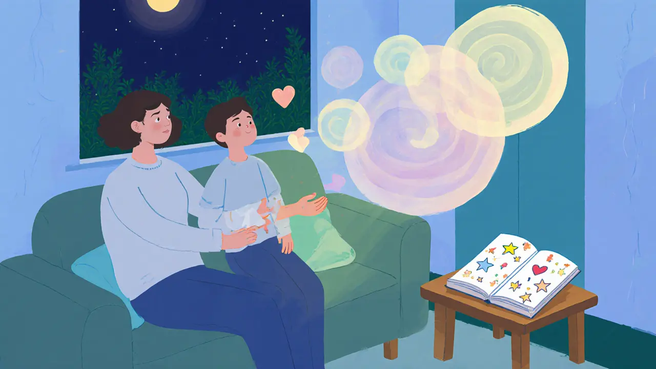 Rodič a dítě společně praktikují dechová cvičení a zapisují vděčnost.