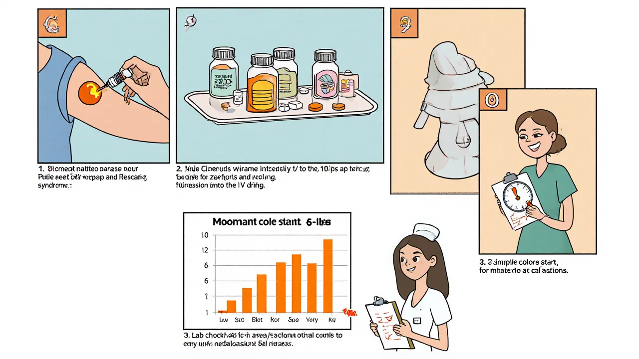 Storyboard ukazující podání thiaminu, doplnění minerálů, zahájení kalorií a časté kontroly.