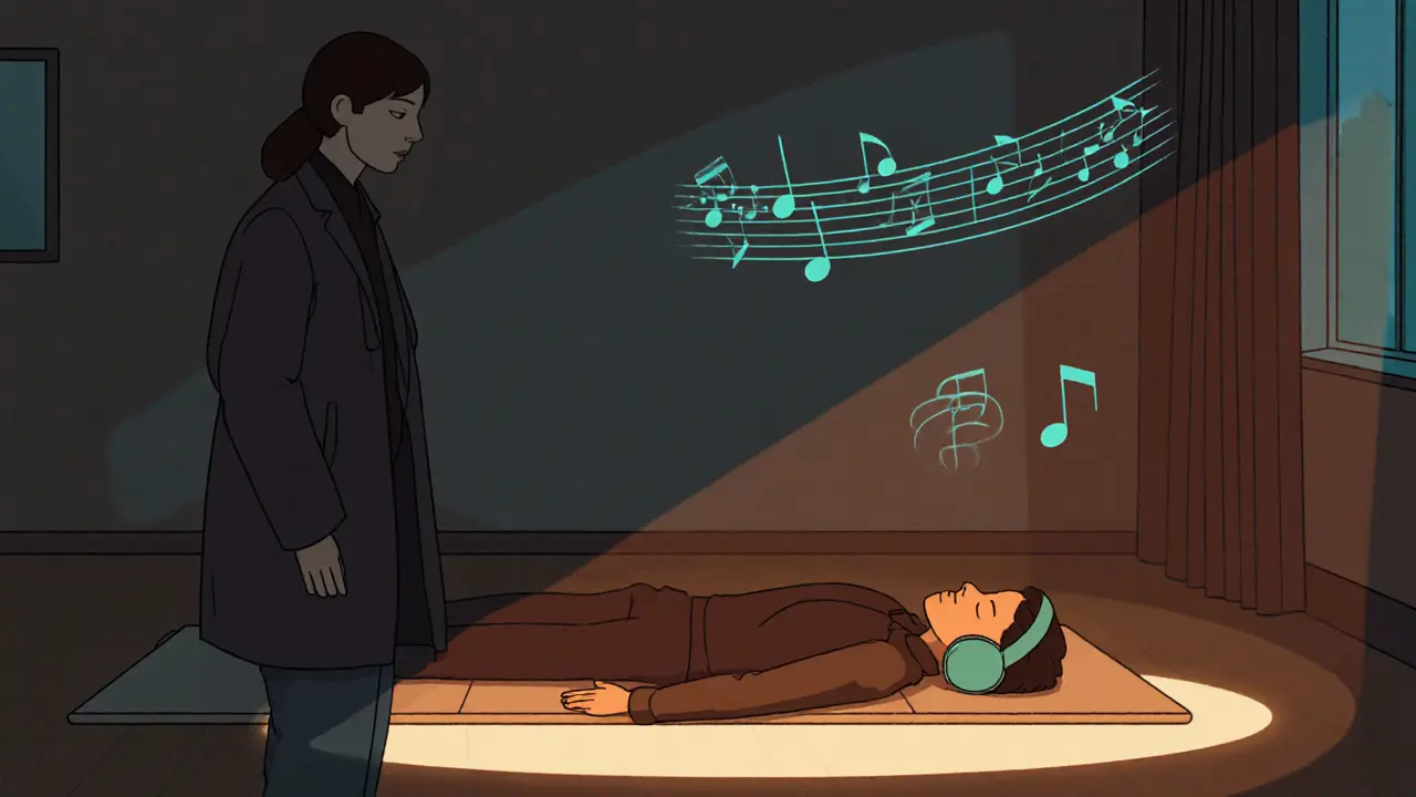 Klient během holotropního dýchání leží na podložce, poslouchá hudbu, terapeut ho podporuje.