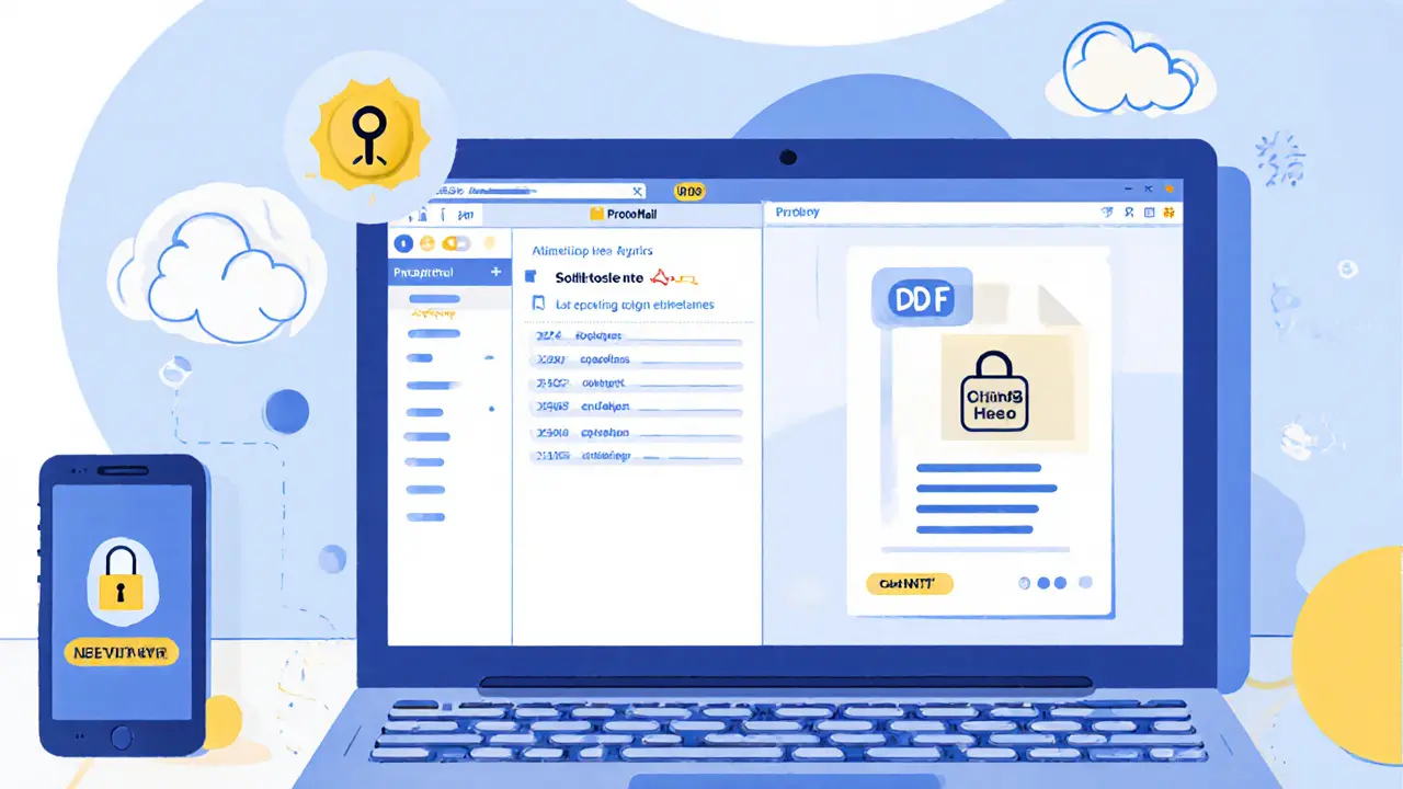 Počítač ukazuje ProtonMail, vodoznakovaný PDF a dvoufaktorové ověření.