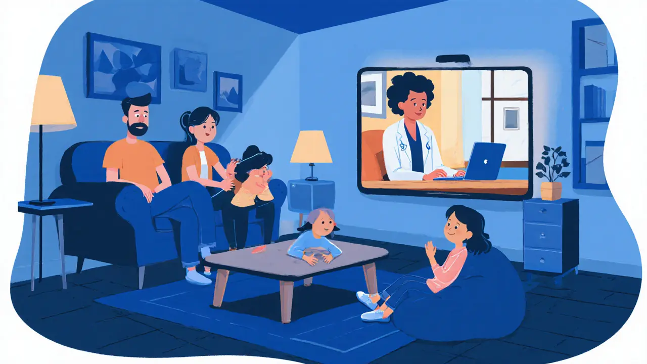 Rodina během online terapie, videohovor na počítači, kreslené postavy.