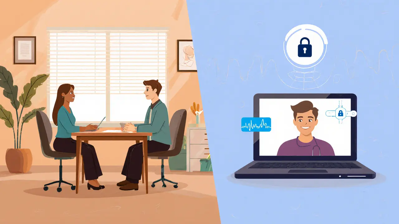 Rozdělený obraz ukazující hybridní terapii: osobní setkání i videohovor s AI analýzou.