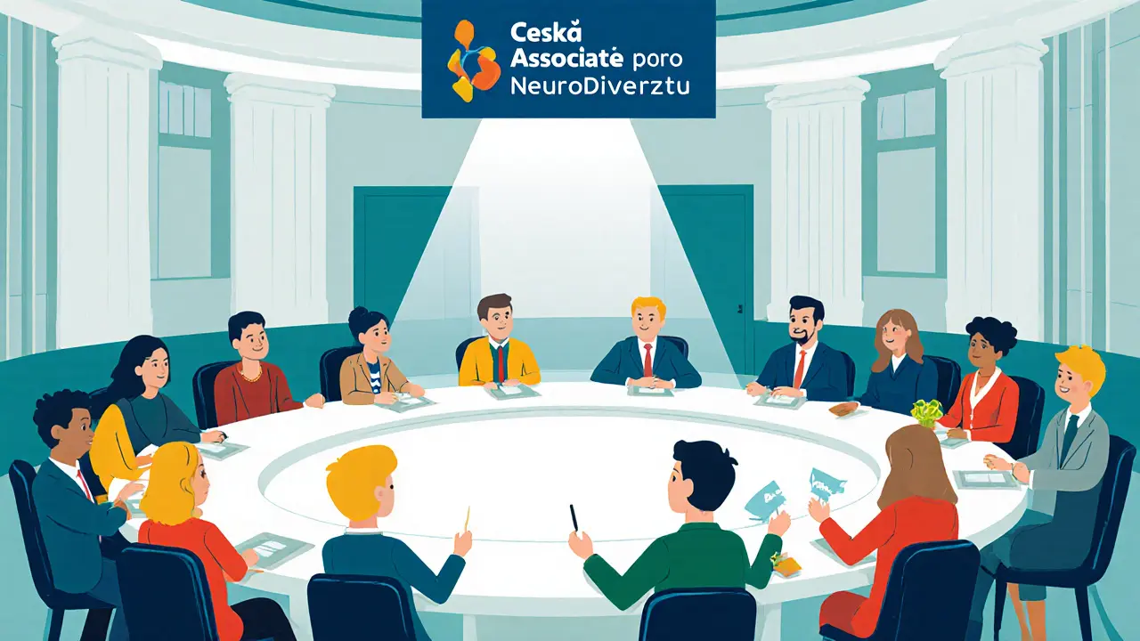 Rozmanitá skupina lidí u kulatého stolu v parlamentu, podporující neurodiverzitu.