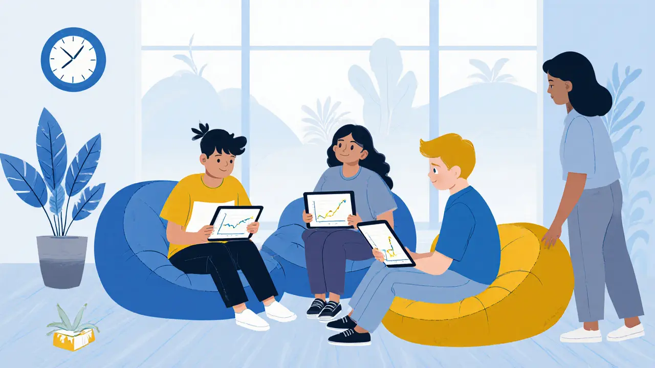 Skupinová terapie: tři teenageři v kruhu s tablety, rodič sleduje, pokoj je světlý.