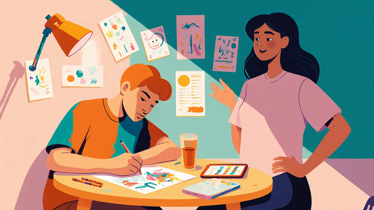 Terapeut a dospívající při arteterapii, teenajer kreslí pastelky, vedle leží tablet.