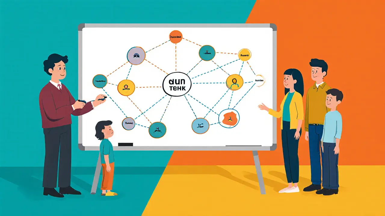 Terapeut kreslí genogram, rodinní členové sledují diagram v UPA stylu.