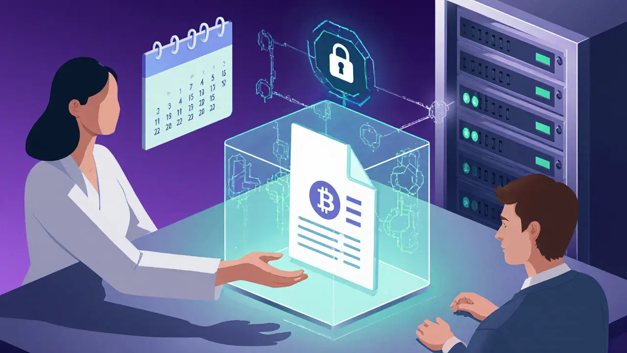 Terapeut předává holografický soubor s blockchainem a AI kontrolou.