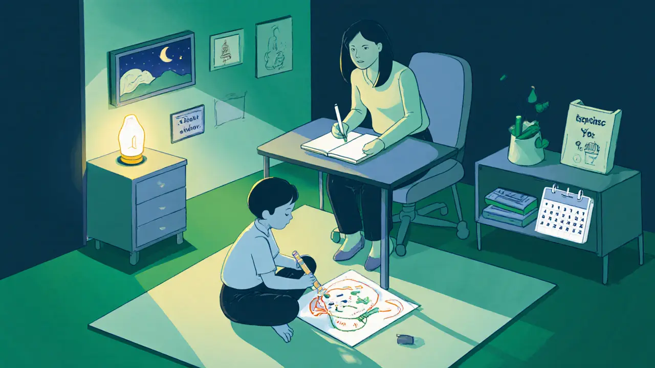 Terapeut s dítětem kreslí radostnější sen, ukazuje terapie bez léků.