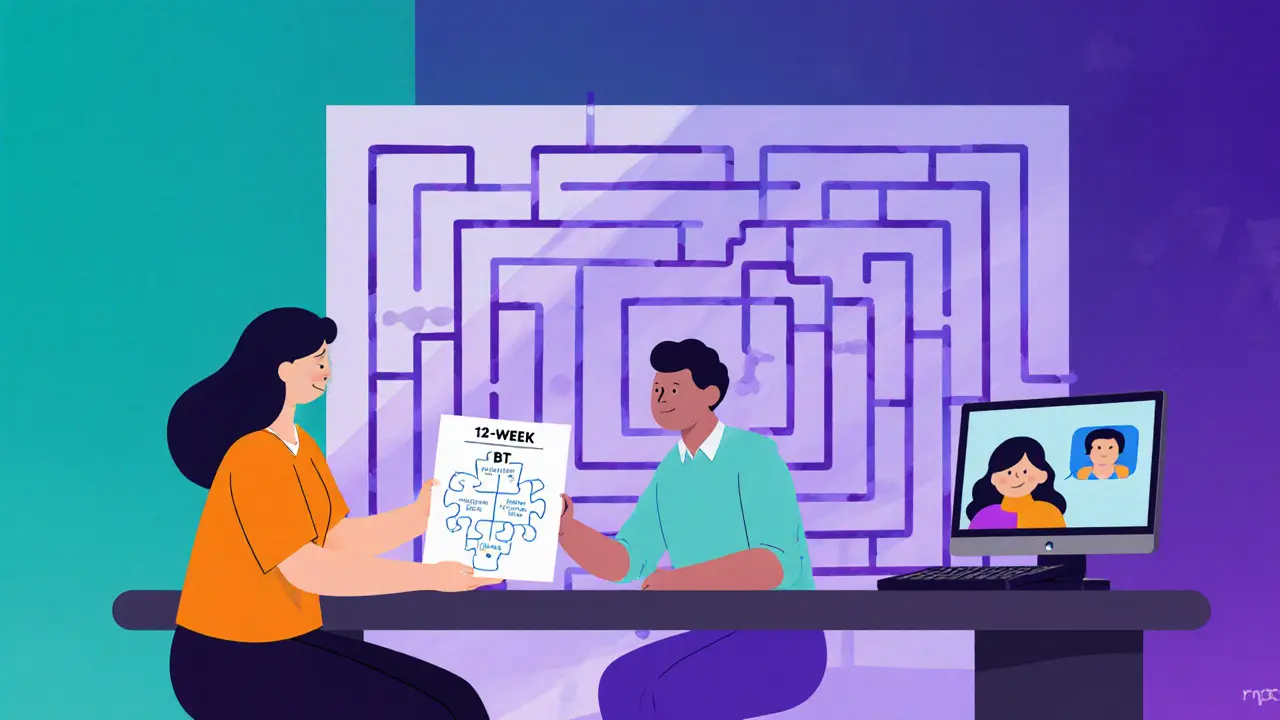 Zobrazení hybridního přístupu: od KBT puzzle k psychodynamickému labyrintu, včetně online sezení.