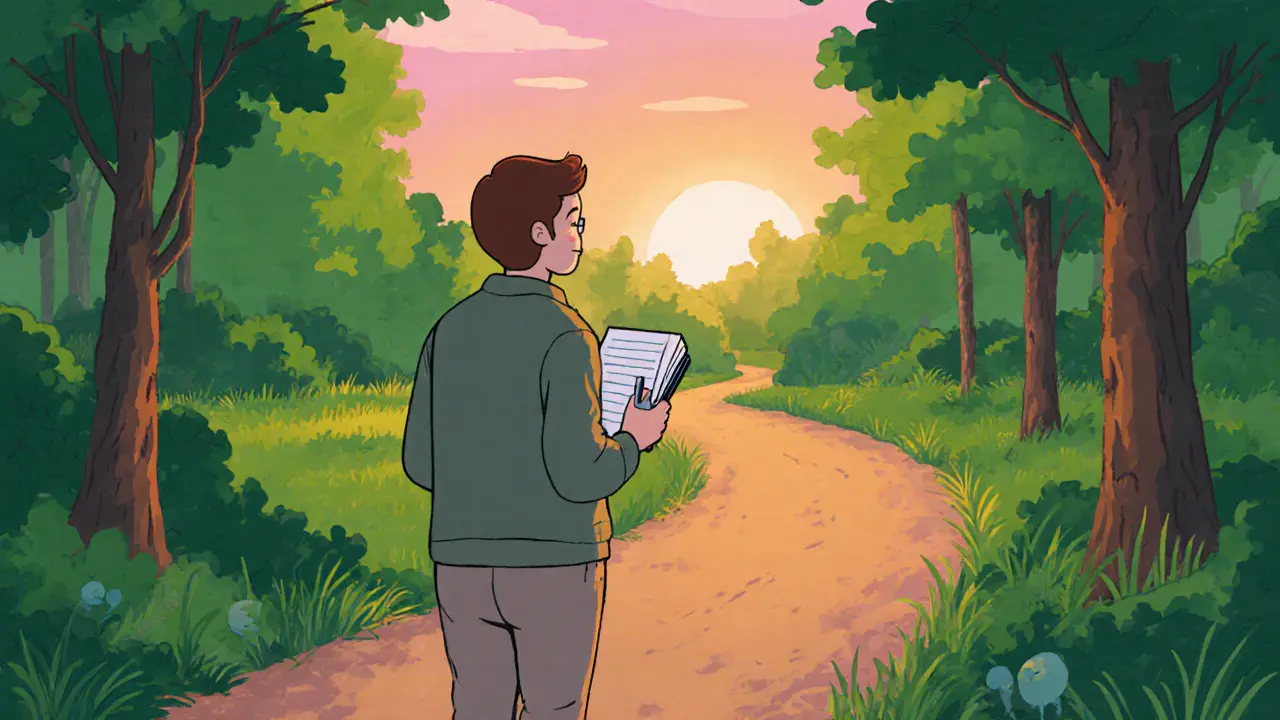Člověk prochází lesem s deníkem, bez digitálních zařízení.