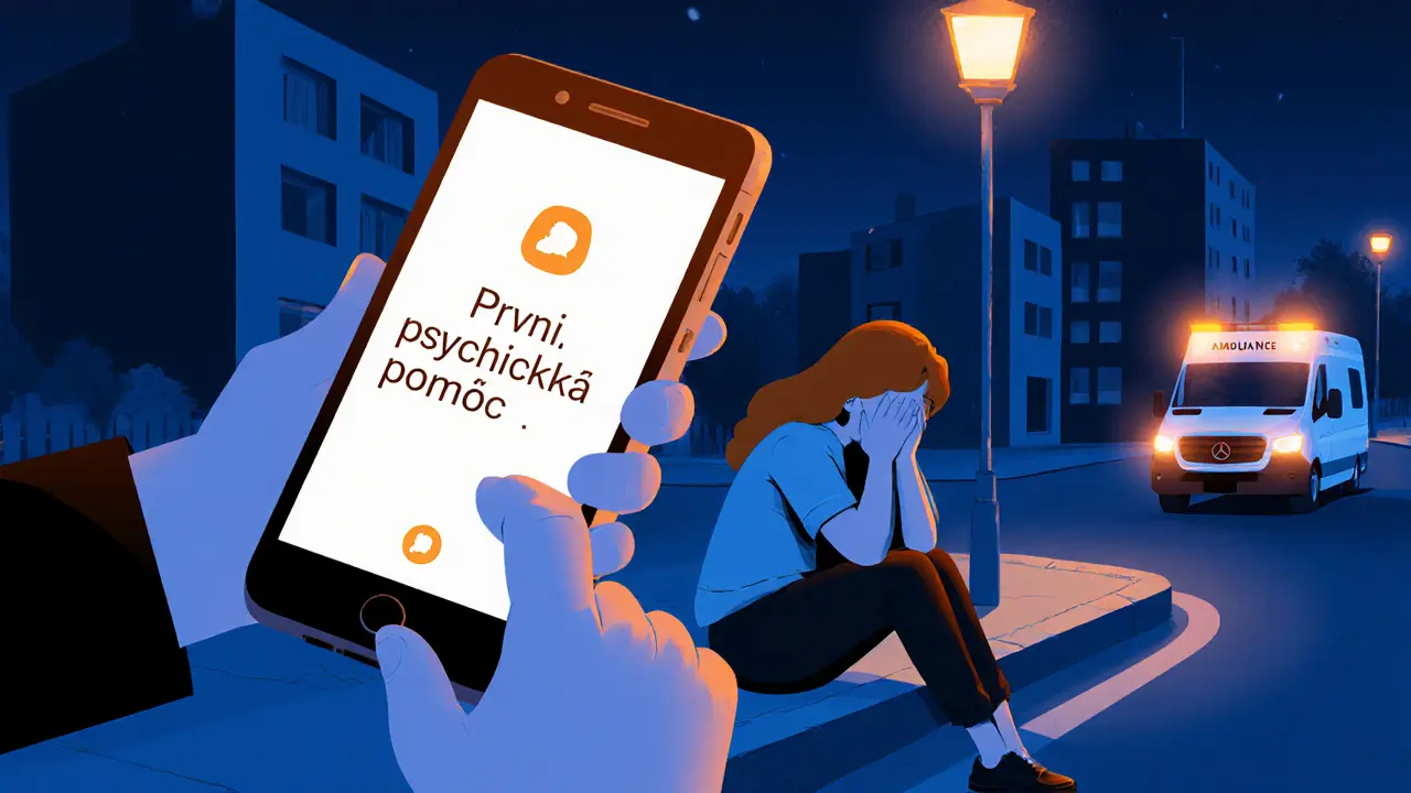 Člověk ukazuje na mobilu aplikaci pro psychickou pomoc, zatímco žena sedí na chodníku.