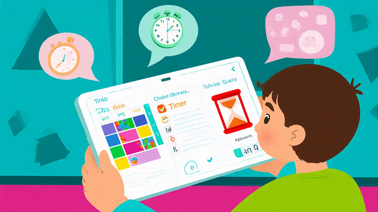 Dítě používá tablet s ikonami aplikací Tiimo, Choiceworks a Time Timer, obklopené pastelovými bublinami.
