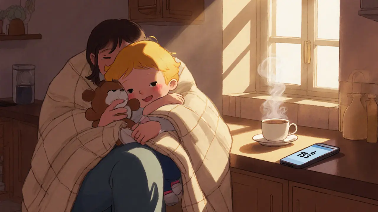 Dítě se drží za nohu dospělého v kuchyni, oba jsou zahřátí pláštěm ve světle okna.