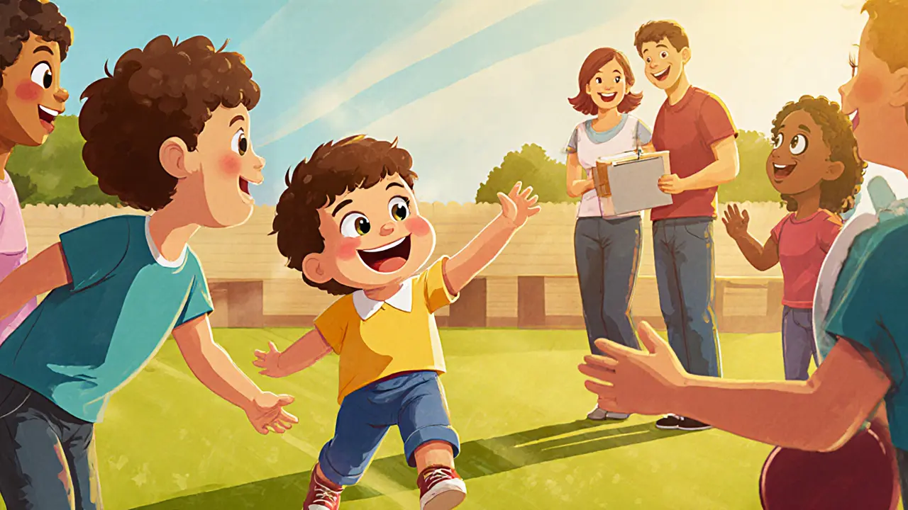 Dítě si hraje s ostatními na školce, terapeut a rodič sledují.