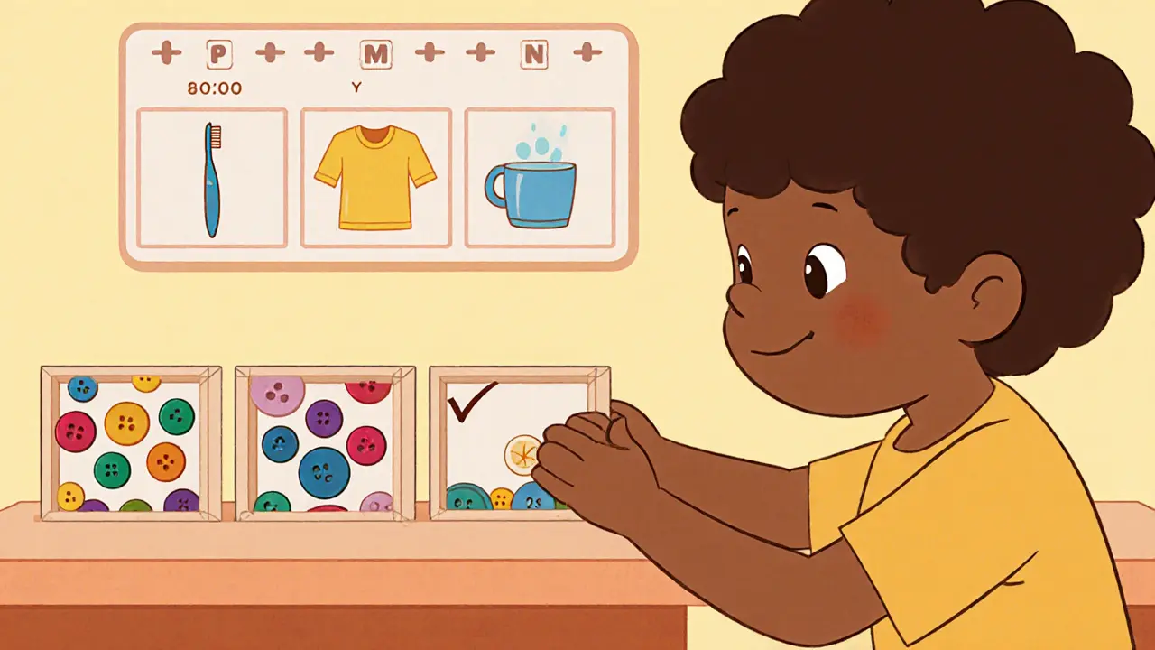 Dítě u tří krabiček s knoflíky, dokončující úkol s uspokojeným výrazem.