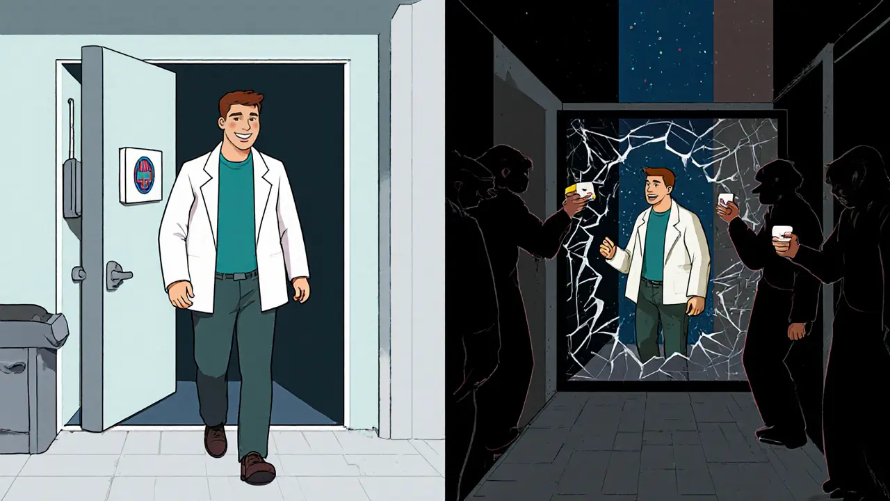 Dvě scény: muž venku směje se, zatímco ve stínu opět čekají drogy — zrcadlo odhaluje jeho minulost.