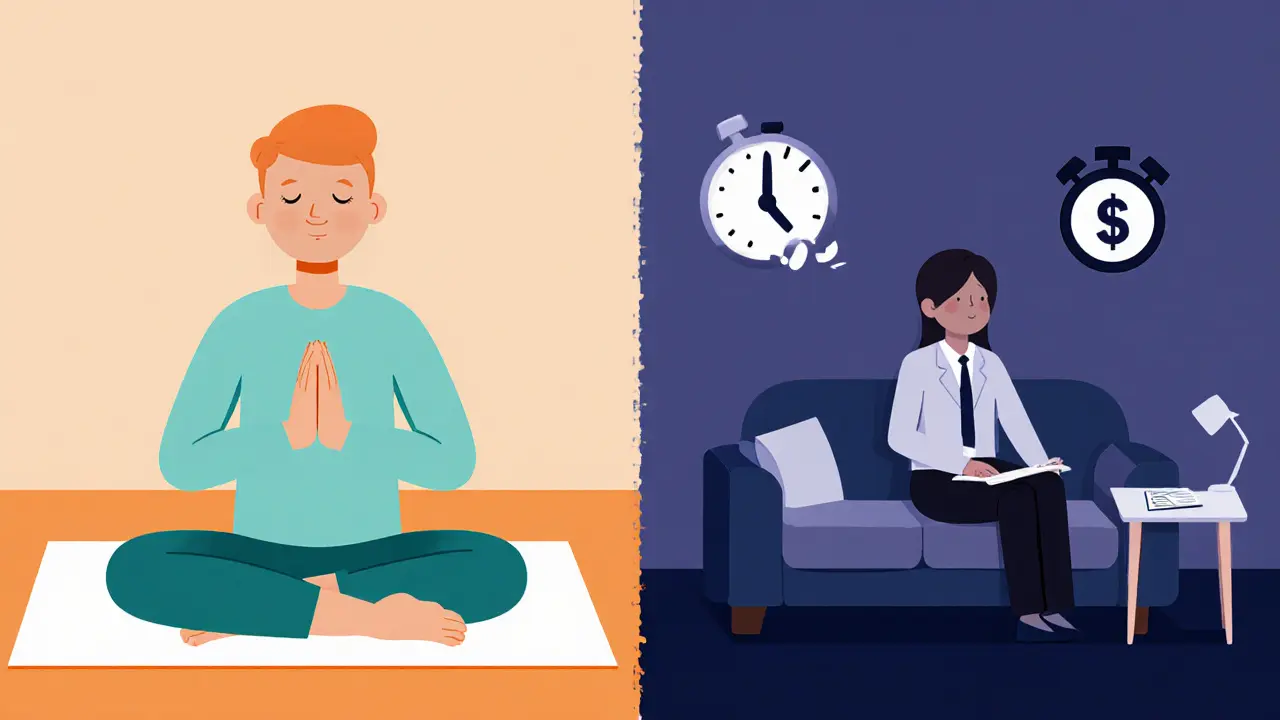 Dvě scény: osoba cvičící dechové cvičení a terapeutický pokoj s pohovkou a notýskem.