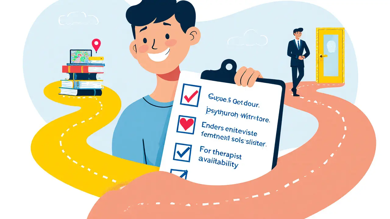 Osoba kontroluje seznam s ikonami (kalendář, srdce, kufřík, pin) a vidí dvě cesty – knihy a terapie.