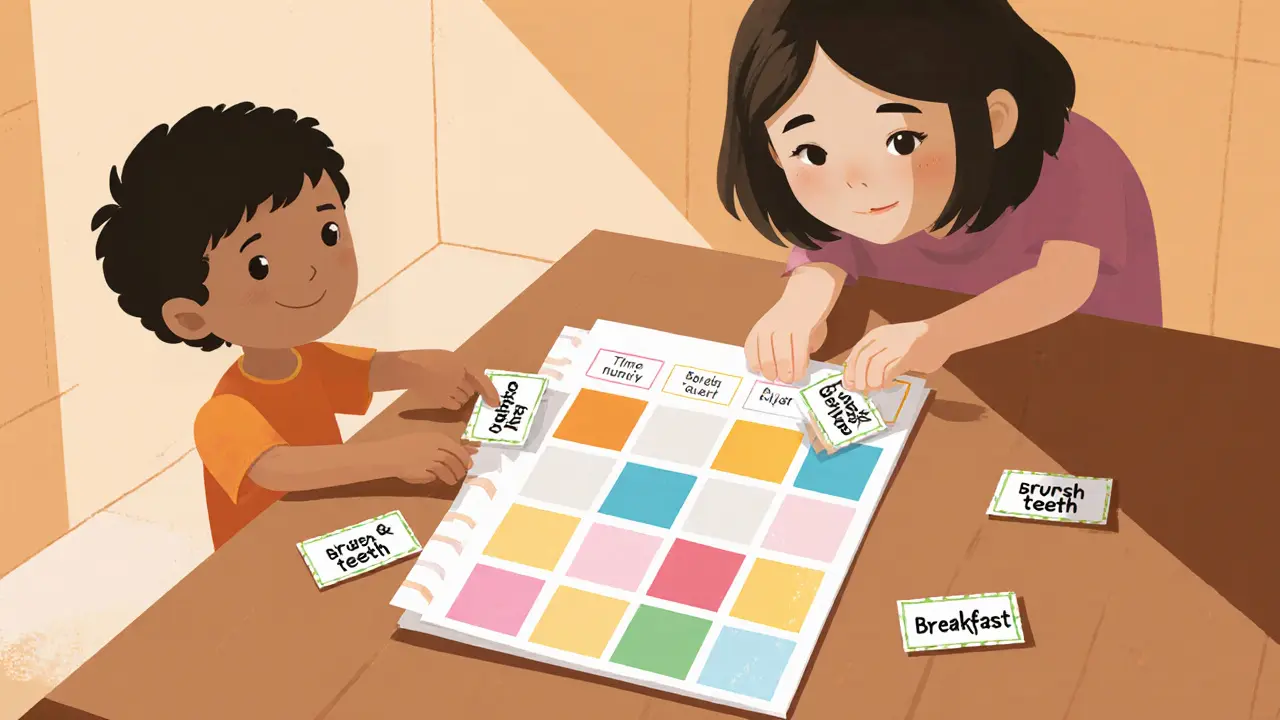 Rodič, dítě a mentor pracují s papírovým plánem a barevnými kartičkami úkolů.