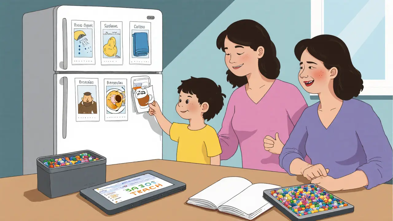 Rodina doma používá vizuální rozvrh a obrázkovou komunikaci pro čaj.