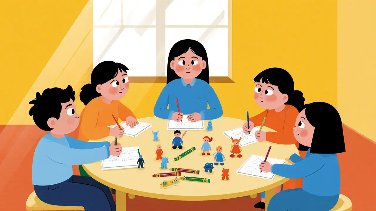 Rodinná terapie – rodiče, děti a terapeut spolupracují.