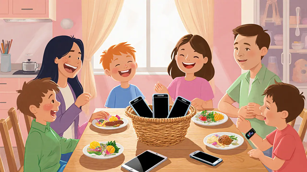 Rodinná večeře bez mobilů, telefony jsou zakryté košíkem.