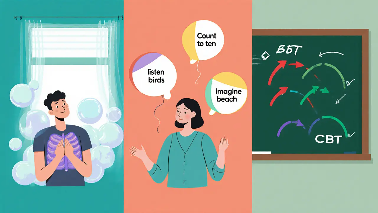 Rozdělený obraz ukazuje dechová cvičení, techniku odvrácení pozornosti a CBT diagram.