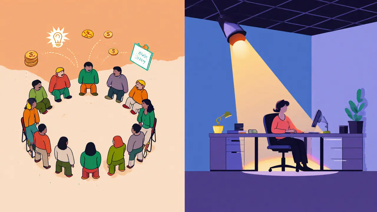 Rozdělený obrázek: vlevo skupinová terapie, vpravo individuální sezení.