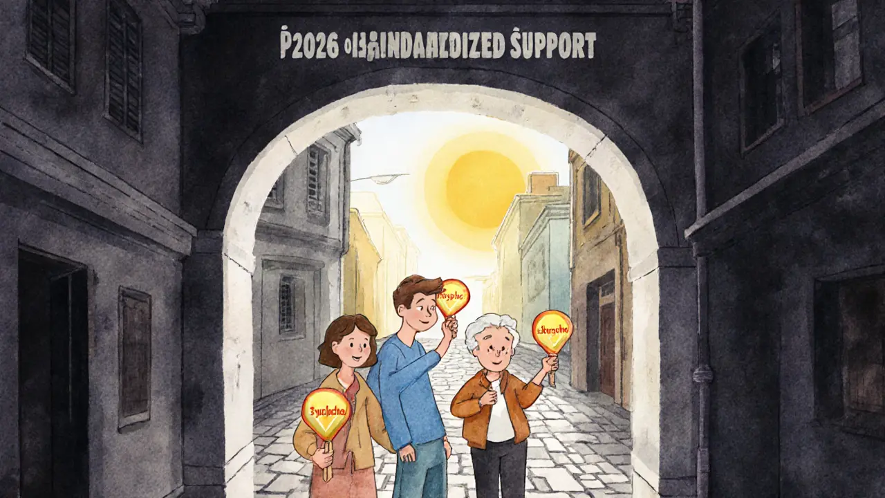 Různí lidé drží srdíčka psychoterapie a jdou do světla podporového systému.