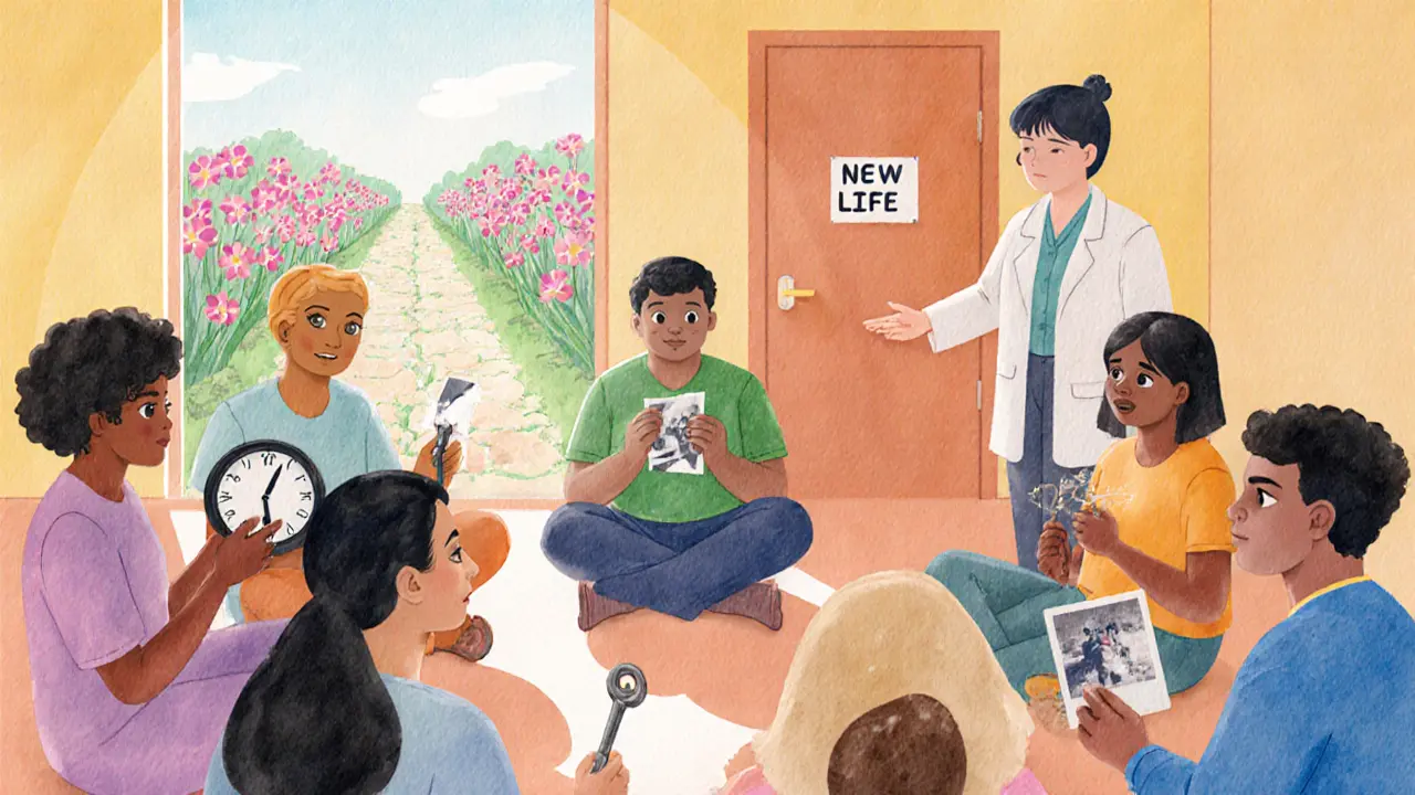 Skupina lidí v terapii drží symboly své bolesti, zatímco terapeut ukazuje cestu k novému životu.