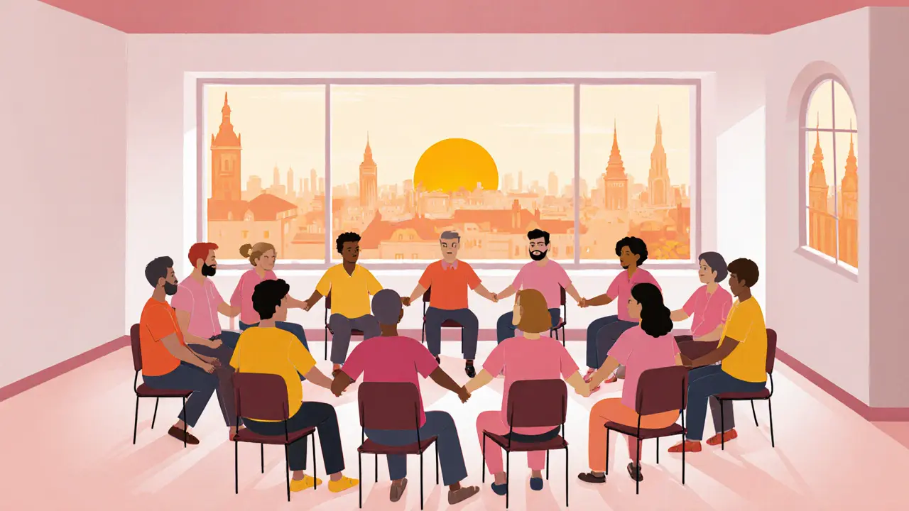 Skupinová terapie a podpora v českém prostředí, symbolizuje uzdravení.