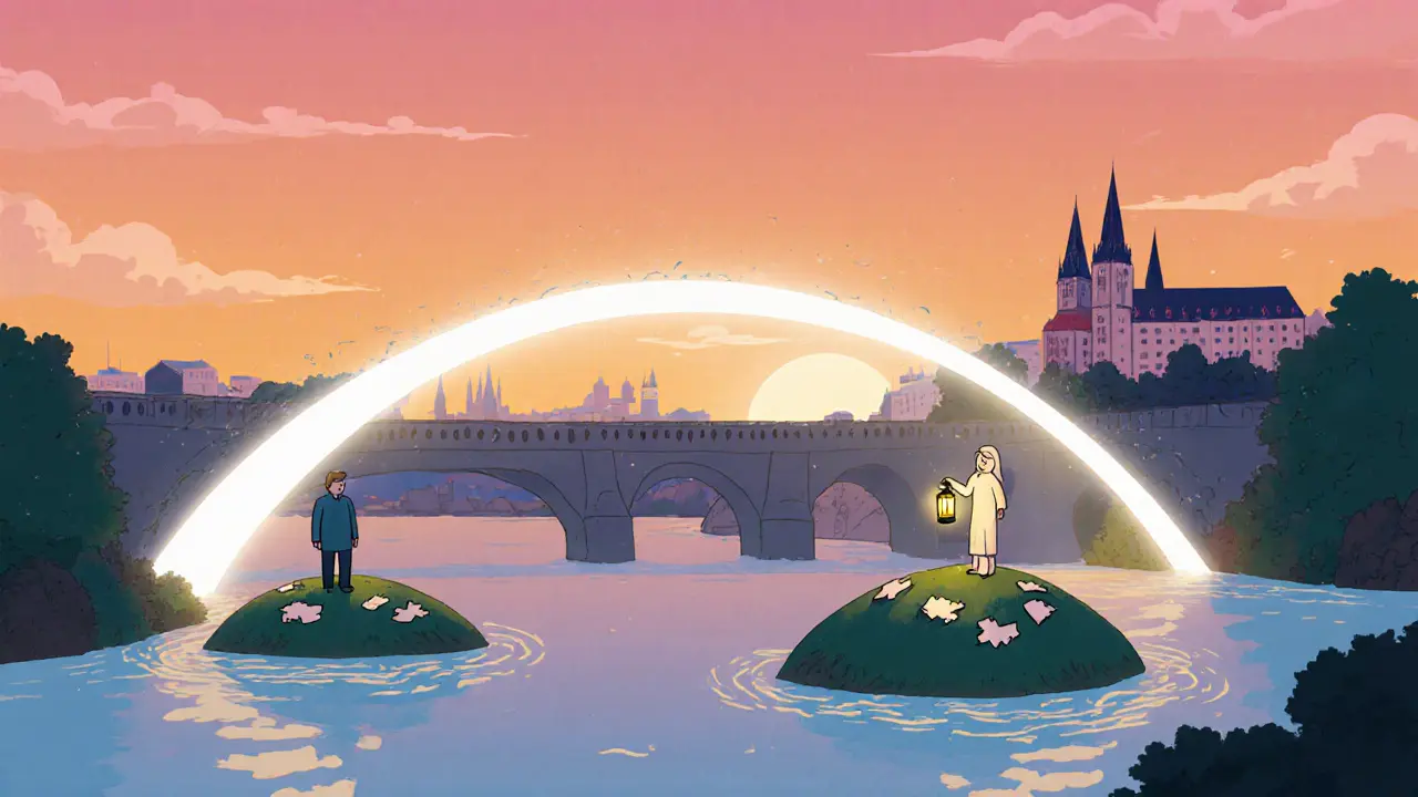 Světelný most spojující dva ostrovy, postava klienta a terapeut s lucernou.