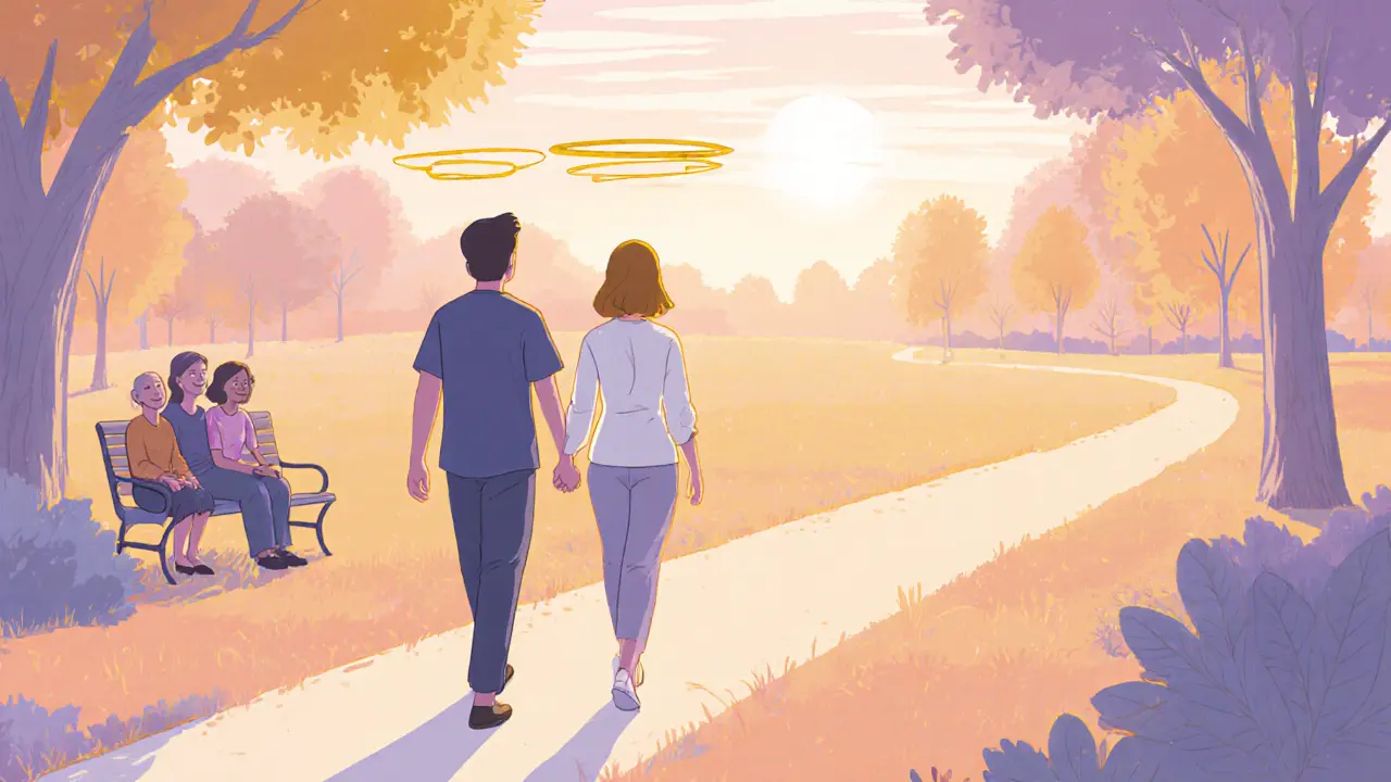 Terapeut a pacient kráčejí v parku při východu slunce, doprovázeni skupinou přátel.