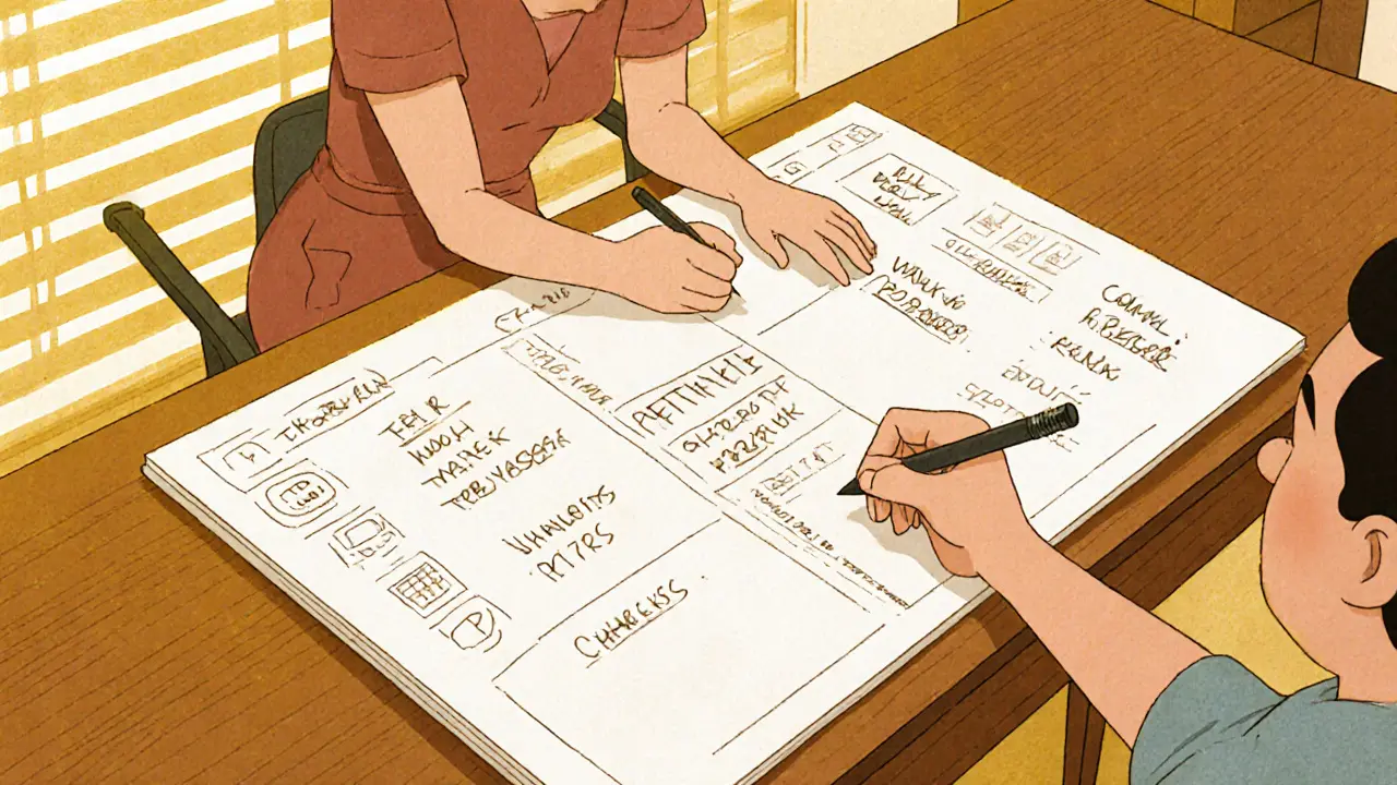 Terapeut a pacient společně vytvářejí krizový plán na papíře s konkrétními kroky.