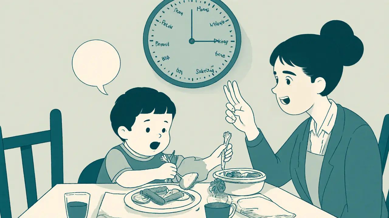 Terapeut pomáhá dítěti pojmenovávat zeleninu během oběda.