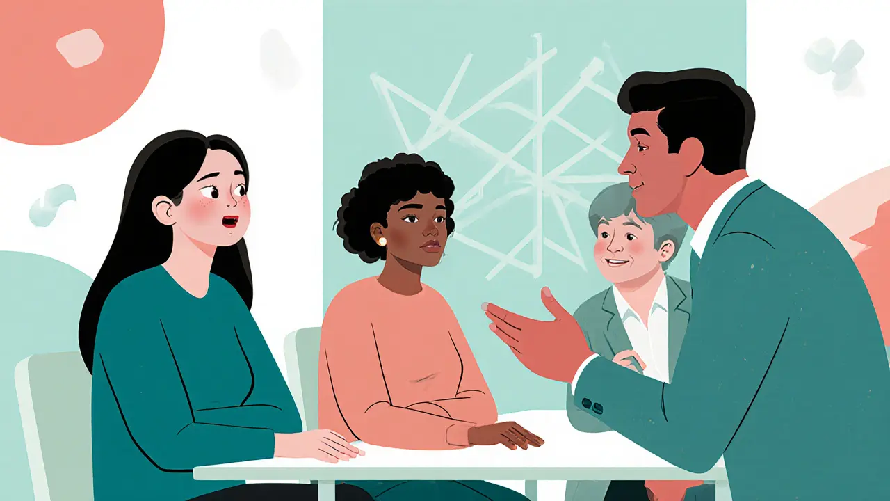 Účastníci skupinové terapie poslouchají, odrážejí emoce a podporují se.