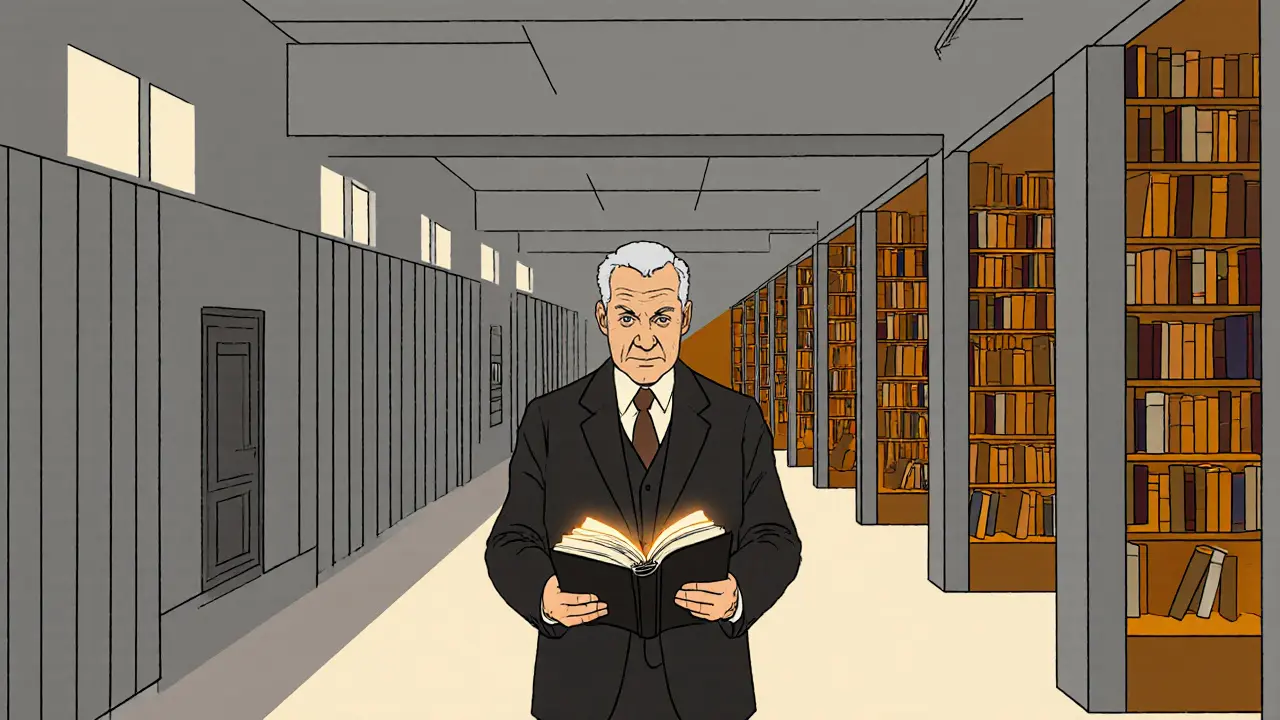 Viktor Frankl v táboru přetváří prostředí na knihovnu, drží knihu.