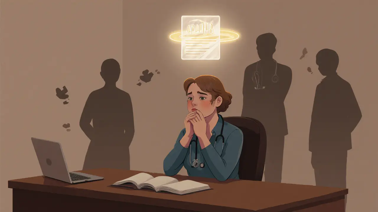 Žena v ordinaci, kde se diagnostika ADHD objeví jako zářící haló nad hlavou.