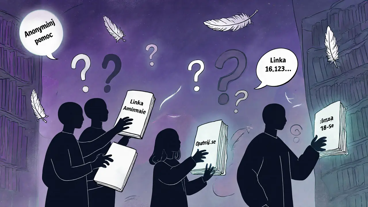 Anonymní postavy přijímají pomoc z kouzelných knih v bibliotéce.