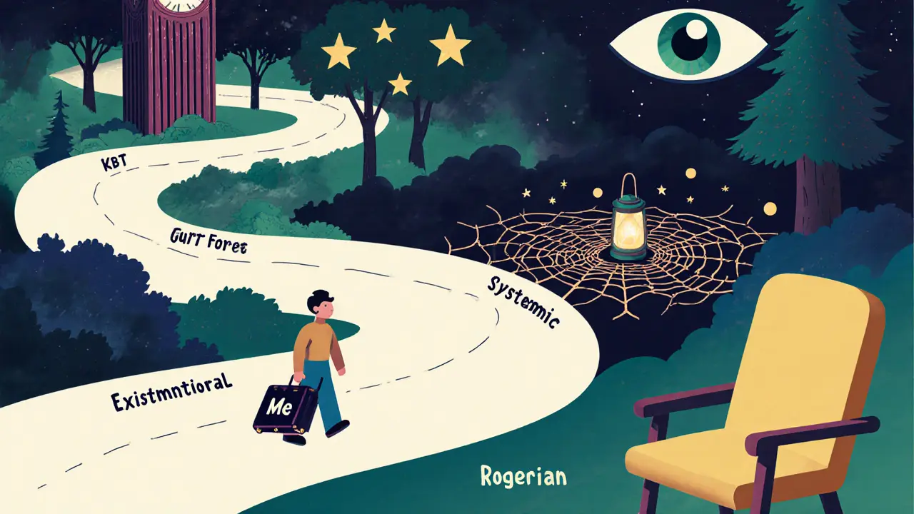 Cesta psychoterapie vedoucí skrz pět různých krajinných scén, symbolizujících různé přístupy.