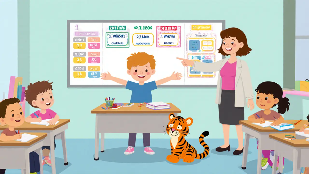 Child stretching in classroom with visual schedule on wall, teacher smiling nearby.