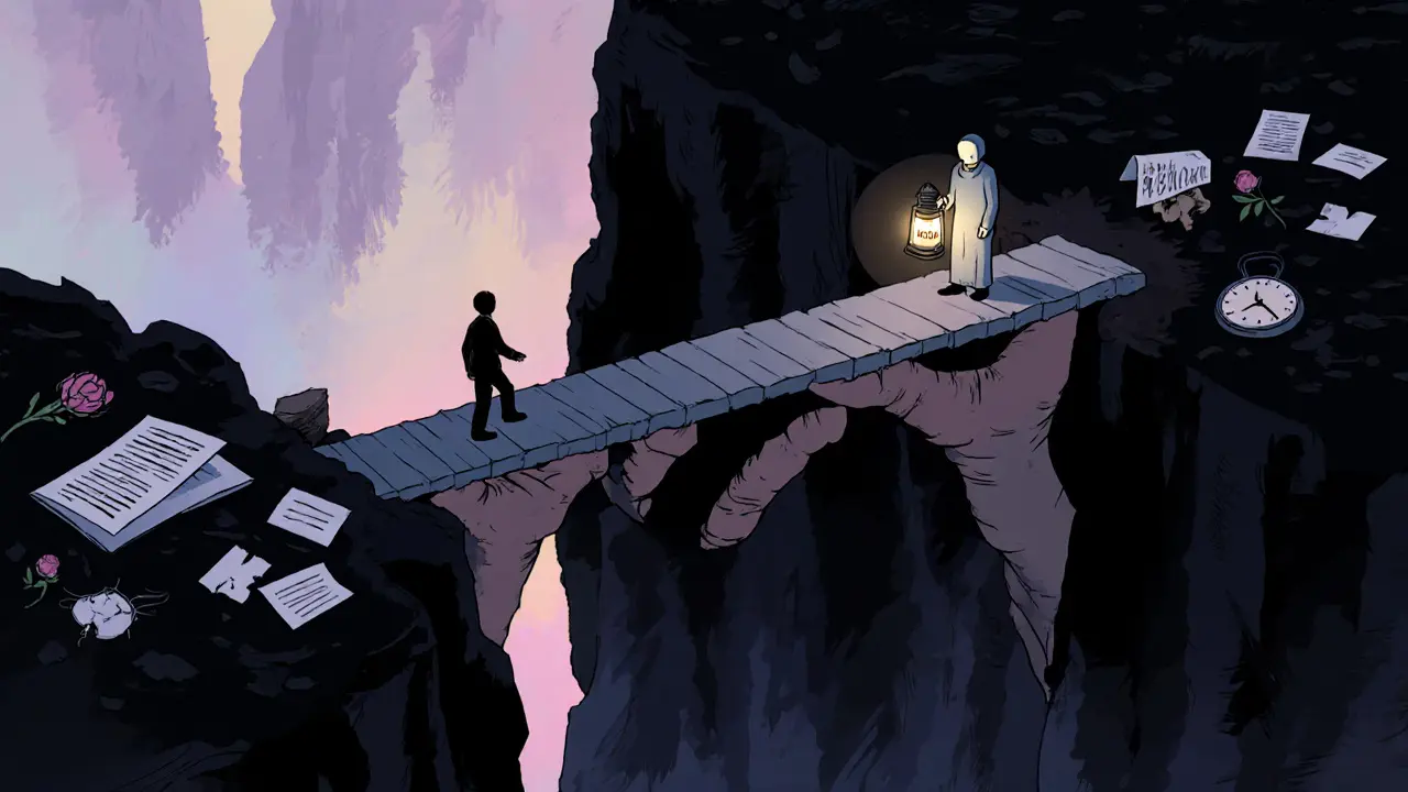 Člověk kročí po mostě z rukou do světla, symbolizujícím pomoc.