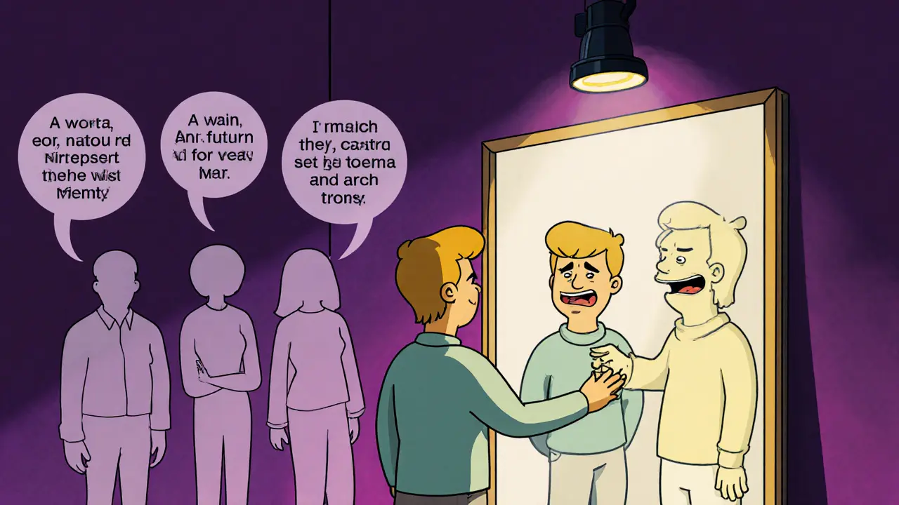 Člověk se dívá do zrcadla, kde se odráží tři verze sebe sama s přítomnými postavami z minulosti.