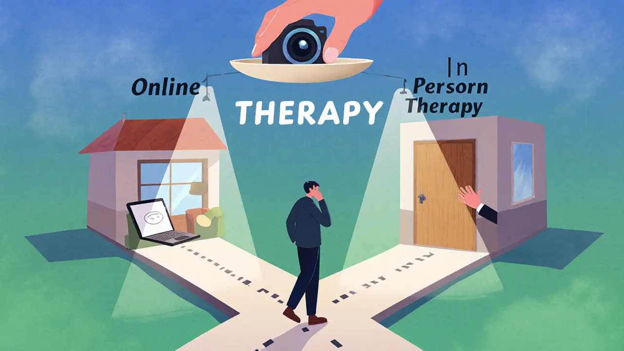 Člověk stojí na rozcestí mezi online a osobní terapií, symbolická volba.