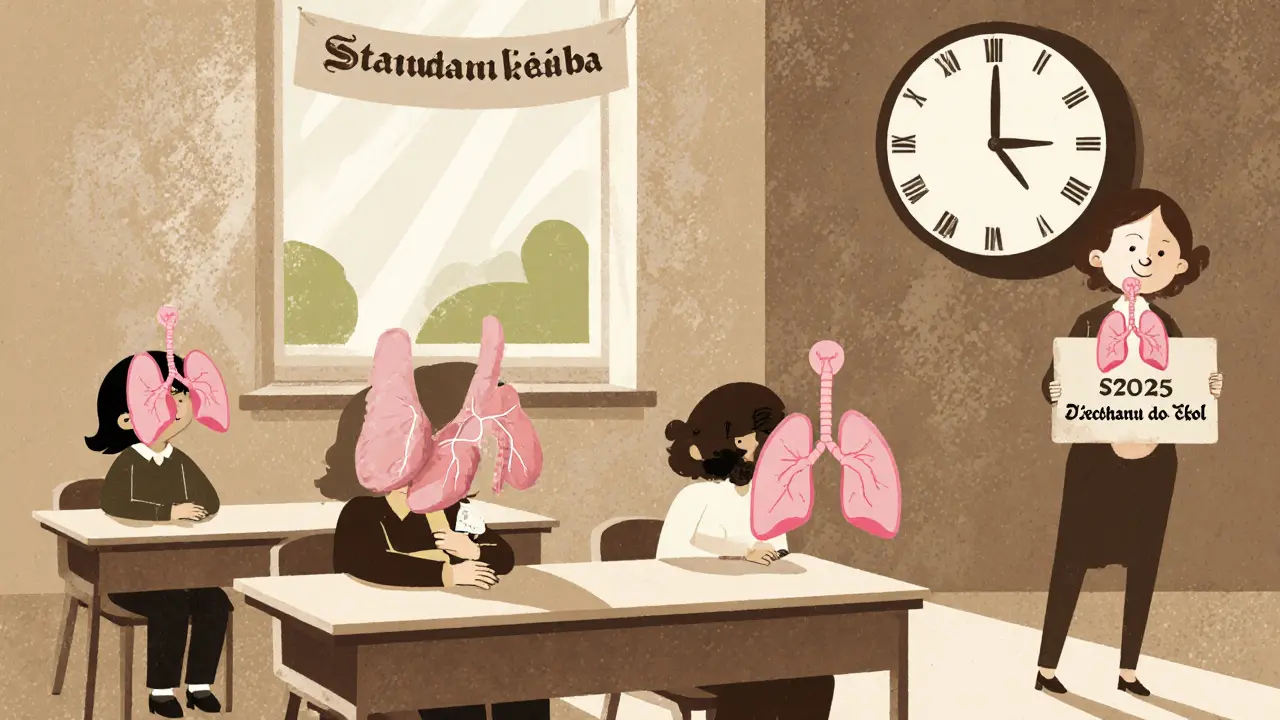 Děti v české třídě dýchají společně, nad jejich hlavami jsou kreslené plicní vlny, učitelka pozoruje s úsměvem.