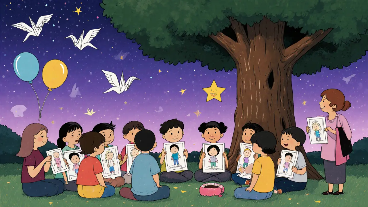 Děti v kruhu drží kresby zemřelých pod stromem v soumraku.