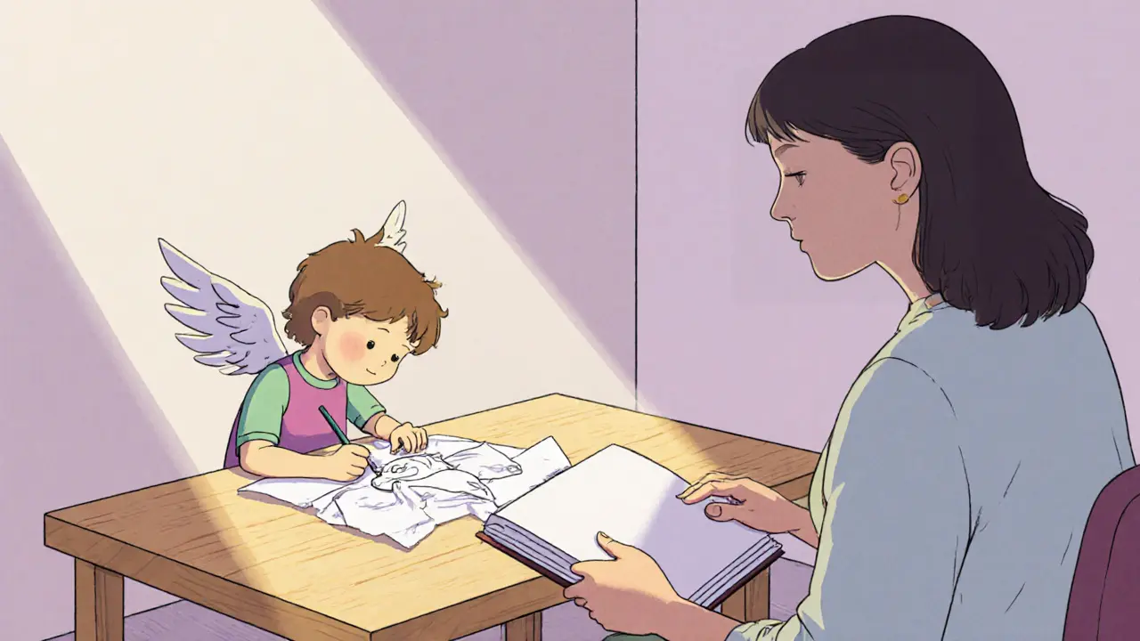 Dítě kreslí křídlatou postavu vedle terapeuta, který tiše pozoruje.