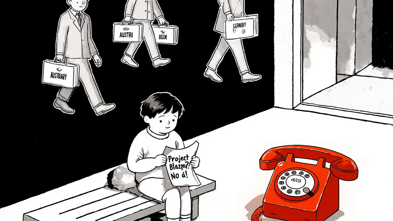 Dítě na lavičce před školou, zatímco terapeuti odcházejí do zahraničí.